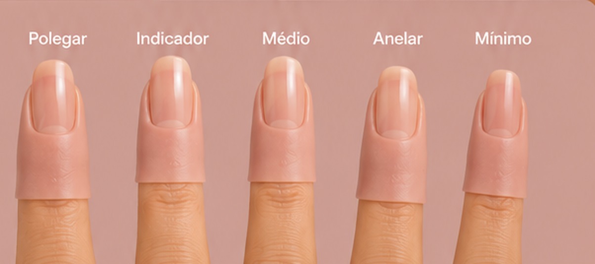 Capas de silicone nos cinco dedos: polegar, indicador, médio, anelar e mínimo
